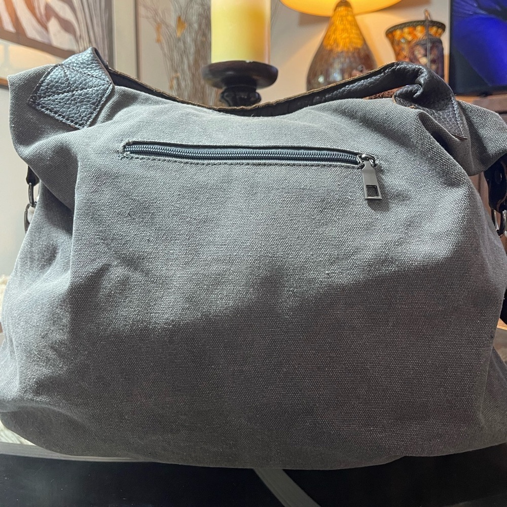K2 fashion canvas,shoulder bag, gray and leather Crossbody messenger, large hobo - Picture 5 of 10